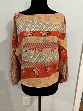 Vintage fall floral Boatneck Patchwork Tunic Top